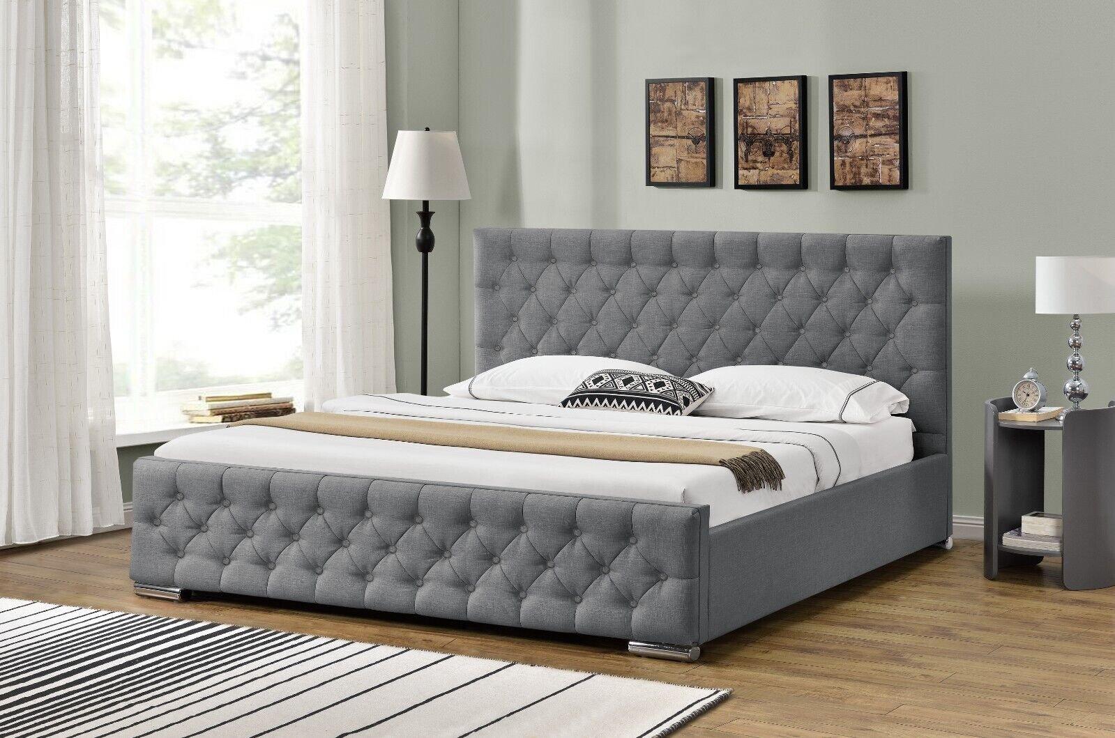 Athens Linen Dark Grey Fabric Buttoned Bed Frame With Gas Lift Ottoman Storage
